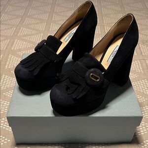 Prada Black Suede Platform Heels with Fringe